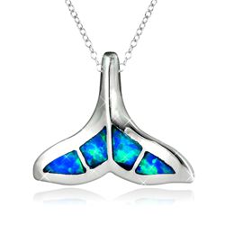 Blue Fire Opal Whale Tail Pendant in Sterling Silver